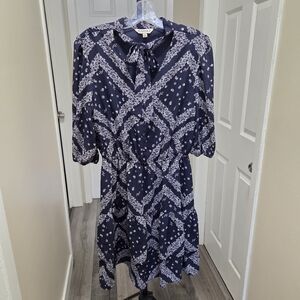 Nanette Lepore Navy and White Floral Tie-Neck Dress